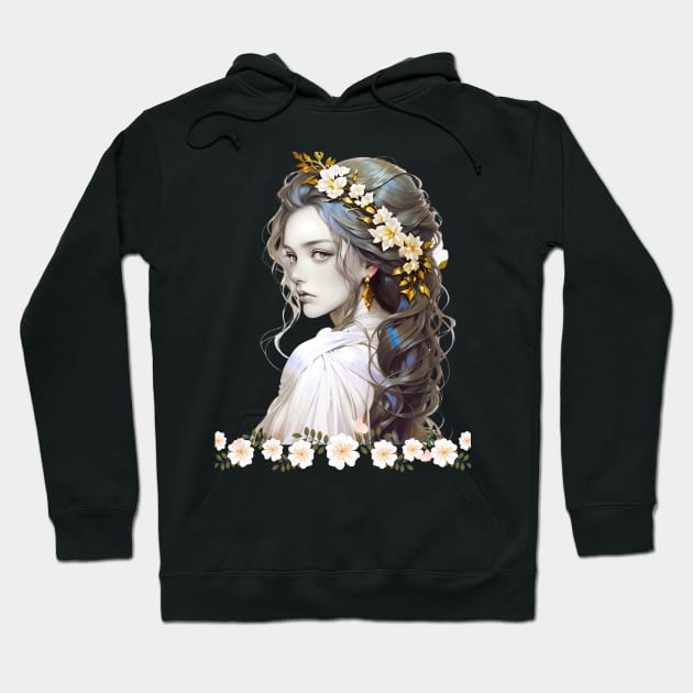 a girl with long hair and flowers in her hair Hoodie by Heawonshop